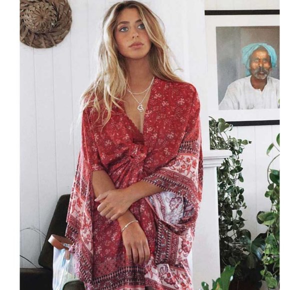 Boho Red Floral Print Kimono Sleeve Belted Cover Up - Picture 5 of 8